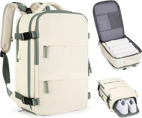 Vista 63 de Mochila de viaje grande, bolsa de mano, aprobada para aviones, para artículos personales, para hombre o mujer, color beige con marrón