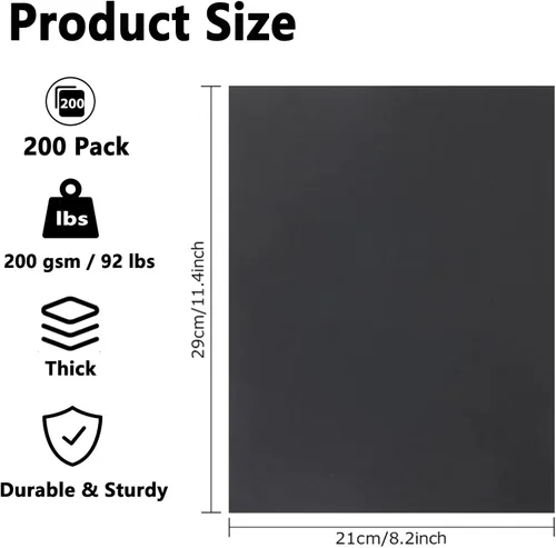Vista 2 de QTLCOHD 200 hojas de cartulina negra de 8.5 x 11 pulgadas, cartulina negra de 92 libras/8.82 oz/m², papel grueso para álbumes de recortes
