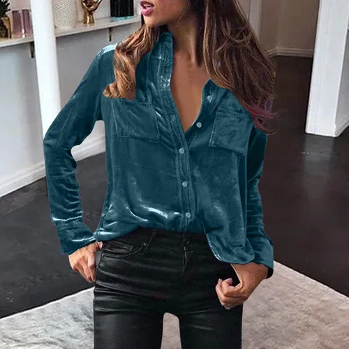 Vista 3 de Mensch Womens Winter Velvet Long Sleeve Button Down Casual Tops Shirts Winter Oversized Basic Tunic with Pockets