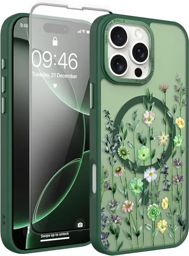 Vista 23 de Magnético para iPhone 13 con protector de pantalla [Compatible con MagSafe] Diseño de patrón floral de flores bonitas, funda delgada a prueba