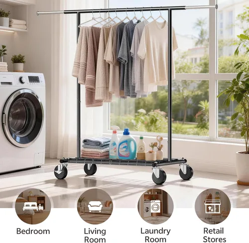 Vista 6 de Perchero resistente – Carga de 500 libras, perchero con ruedas y estantes con cerradura, estante extensible para dormitorio, lavandería, sala