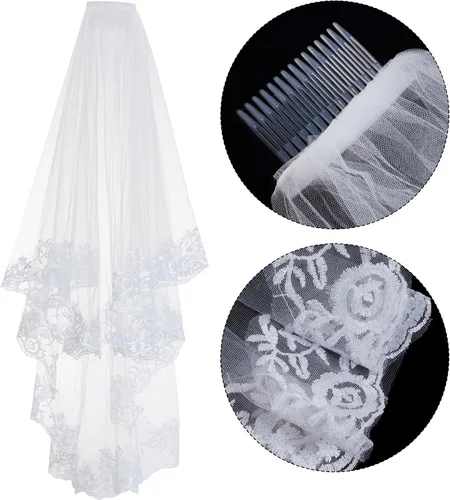 Vista 4 de jiebor Velo de novia de encaje blanco para Halloween, velo de capilla nupcial con guantes para mujeres, novias, bodas, despedidas de soltera, Blanco