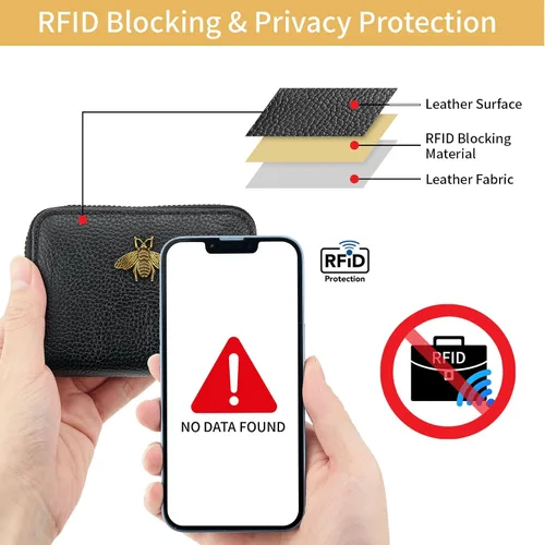Vista 2 de WOZEAH Billetera pequeña para mujeres con bloqueo RFID, cartera para tarjetas de crédito, cartera de acordeón de cuero con cremallera, Negro