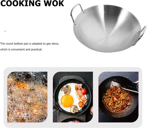 Vista 8 de Luxshiny Sartén para wok de fondo redondo plano de acero inoxidable, capacidad suficiente, sartén para saltear con mango largo, antiadherente, apta