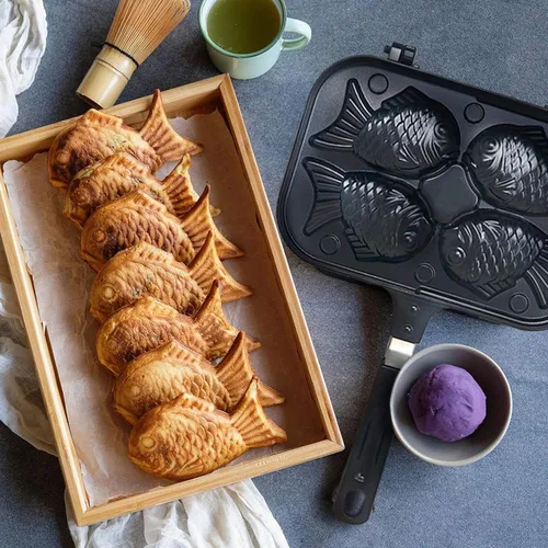 Vista 5 de Zetiling Taiyaki Utensilios para hornear, Taiyaki doble bandeja para hornear, waffle, forma de pescado Taiyaki, máquina de pasteles antiadherente