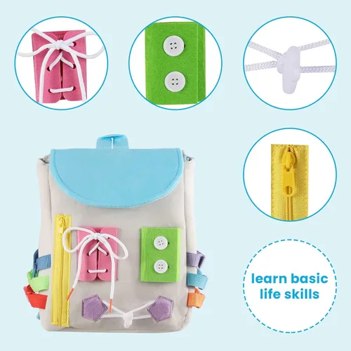 Vista 3 de Busy Board - Mochila para niños pequeños con hebillas y juguetes de actividades de aprendizaje, desarrolla habilidades motoras finas y habilidades