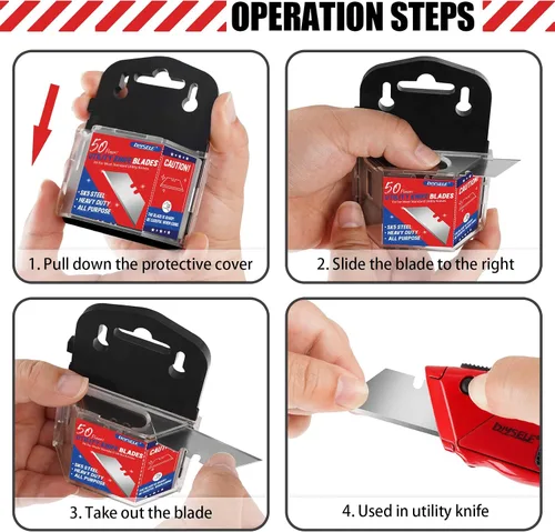 Vista 4 de DIYSELF Paquete de 50 Cuchillas para Cuchillo Utilitario, Cuchillas Cortadoras de Caja de Acero SK5 con Dispensador, Cuchillas Estándar