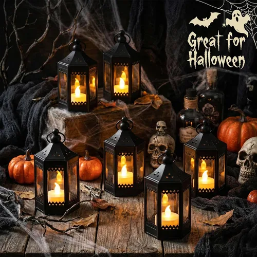 Vista 8 de Vela Lanterns - Portavelas de té, mini centros de mesa, color negro Halloween & Wedding Decor, Decorative Indoor Moroccan Metal Glass Hanging