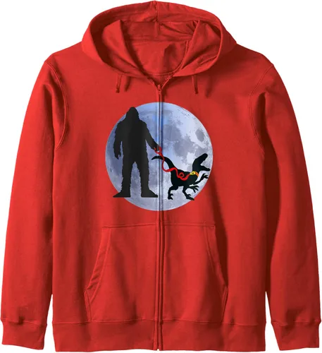 Vista 8 de Bigfoot Dinosaur Sasquatch Raptor Bigfoot Pet Dino on Leash Zip Hoodie Azul Marino
