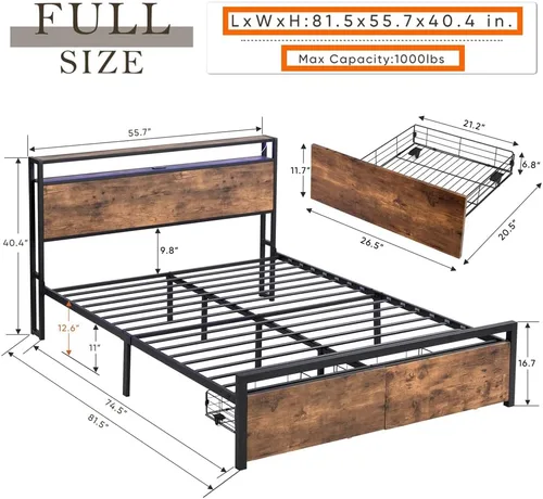 Vista 2 de Base de cama de tamaño matrimonial con cajones de almacenamiento y 3 puertos USB, base de cama LED matrimonial con cabecero, plataforma de metal sin