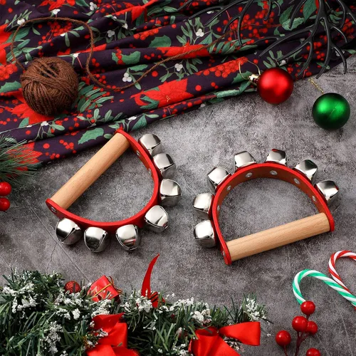 Vista 4 de 6 campanas de trineo con mango de Navidad, instrumento musical, temblor de madera con 5 campanas para fiesta de Navidad, actuaciones de banda