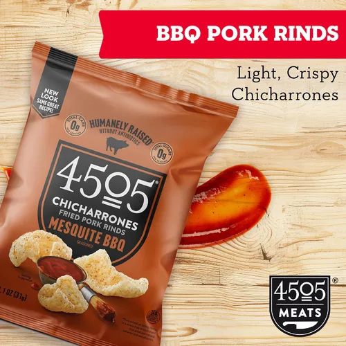 Vista 3 de 4505 Chicharrones sazonados a la barbacoa, cortezas de cerdo fritas – Pieles de cerdo con sabor a barbacoa – Bajo en carbohidratos, sin gluten