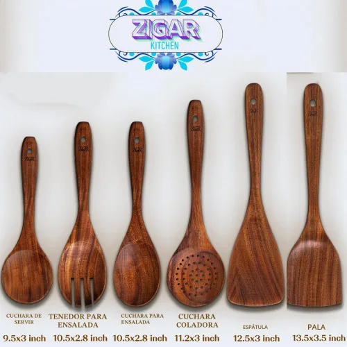 Vista 5 de Cucharas de madera para cocinar, utensilios de madera de teca de 6 piezas, juego de utensilios de cocina duraderos resistentes al calor, sin