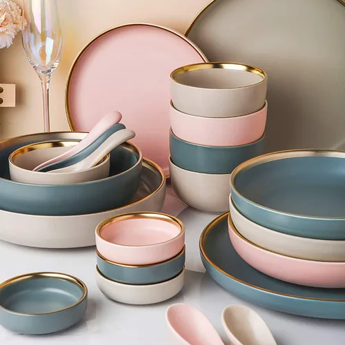 Vista 8 de Plato de cerámica moderno con borde dorado de alta calidad, plato de porcelana elegante para restaurante, juego de platos de cerámica aptos