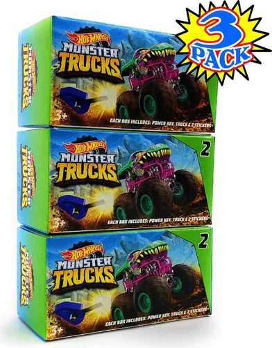 Vista 2 de Hot Wheels Monster Trucks Mini Mystery Trucks con lanzador de llaves (serie surtida), caja ciega de regalo, paquete de 3