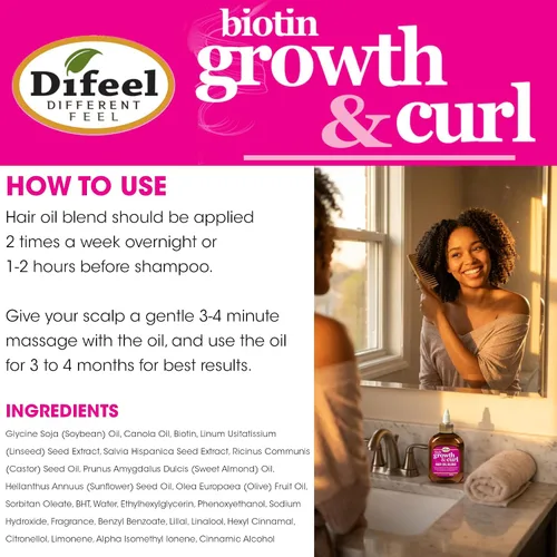 Vista 8 de Difeel Biotin Growth and Curl - Mezcla de aceite para el cabello, tamaño de viaje, 2.5 onzas.