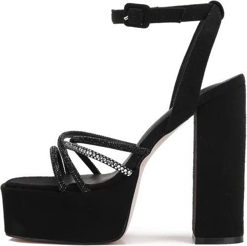 Vista 2 de PTUPLYU Tacones altos negros gruesos para mujer, plataforma de gamuza cuadrada, tacón abierto, tacón de tiras de diamantes de imitación brillantes