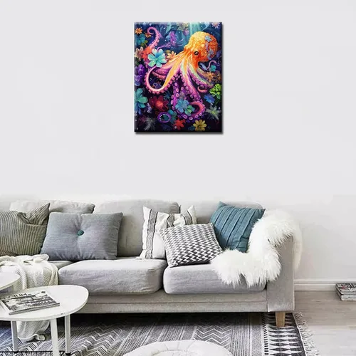 Vista 3 de Tucocoo Pintura de pulpo por números para adultos, niños y principiantes, kit de regalo de pintura al óleo para adultos, kits de pintura por números