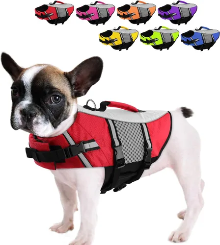 Vista 17 de Chaleco salvavidas para perros, chaleco de natación, ligero, altamente reflectante, para mascotas, con asa de elevación y anillo para correa