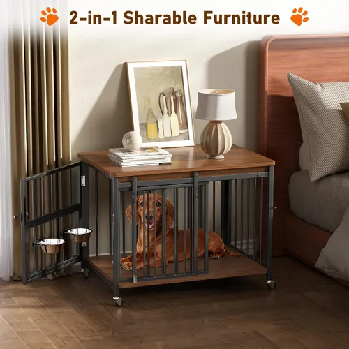 Vista 2 de Cofiyard Muebles de Jaula para Perros, Perrera de Madera de 32'' para Interiores con Puerta Frontal Deslizante, Aberturas Multi-Laterales y Ventana