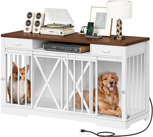 Vista 9 de DWVO Jaula Doble para Perros de 63 Pulgadas para 2 Perros, Soporte de TV de Jaula para Perros de Madera Resistente con Estación de Carga, Mueble