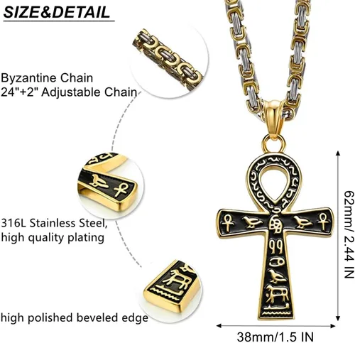 Vista 5 de Collar con colgante de cruz de Ankh copto egipcio antiguo de acero inoxidable para niños, mujeres y hombres, en cadena Rolo de 22 a 24 pulgadas