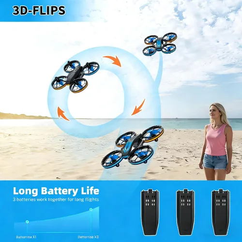 Vista 5 de Drones - Drone RC con auto flotante y modo sin cabeza, cuadricóptero con luz LED, hélice de protección completa, giros 3D, 3 baterías, control