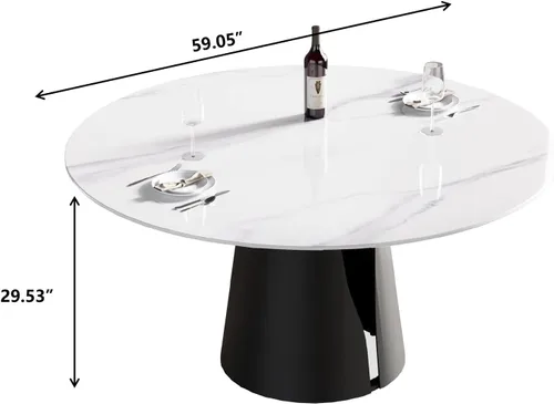 Vista 2 de Mesa de comedor moderna de 59.05 pulgadas para 8, mesa de comedor con piedra sinterizada blanca y base de acero al carbono negro, mesa de cocina
