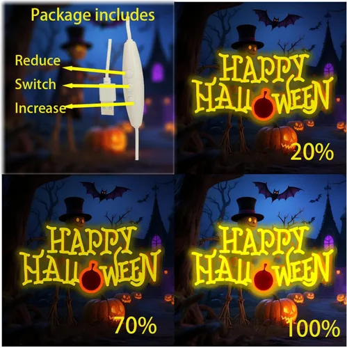 Vista 3 de Letrero de neón de feliz Halloween, letrero de bienvenida de LED para puerta delantera/recámara/hogar/patio, alimentado por USB, 16.5×8.6 pulgadas