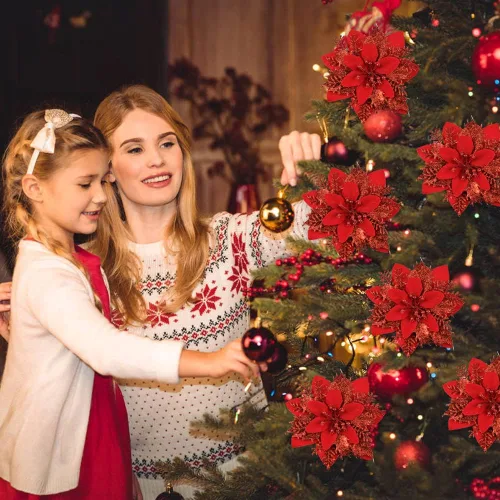Vista 5 de Vanleonet 12 flores de Pascua artificiales con purpurina, decoraciones de flores de Navidad, adornos de árbol de nochebuena con purpurina
