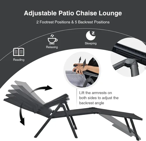 Vista 4 de Giantex Sillón de patio plegable, tumbona para tomar el sol al aire libre con respaldo de 5 posiciones, reposapiés de 2 posiciones, marco de acero