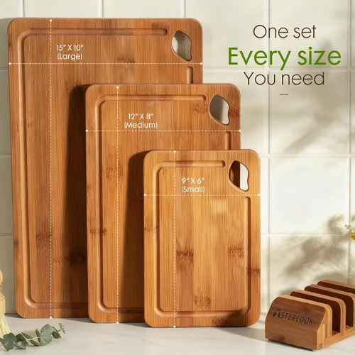 Vista 8 de Astercook Tablas de cortar de bambú carbonizado profundo para cocina con soporte de almacenamiento de madera, charcutería reversible y tablas