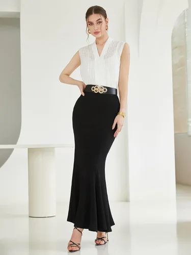 Vista 5 de Verdusa Falda larga elegante de cintura alta con dobladillo con volantes para mujer