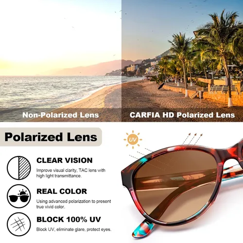 Vista 6 de CARFIA Cateye Polarized Sunglasses for Women UV Protection, Italy Handcrafted Acetate Frame with Embossed Pattern Wire Core
