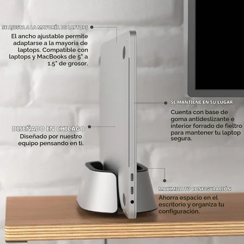 Vista 3 de HumanCentric Soporte vertical para laptop en aluminio plateado, soporte vertical ajustable y base, soporte vertical para laptop compatible