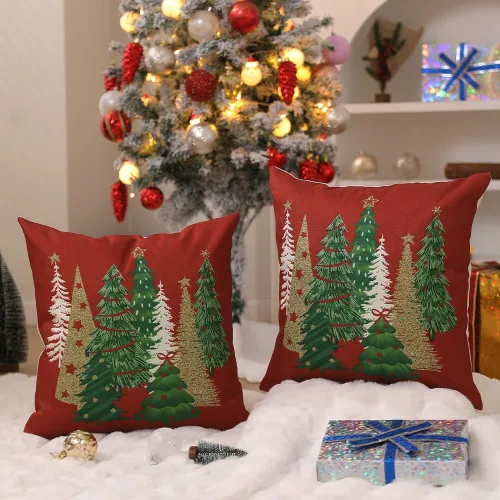 Vista 3 de DFXSZ Fundas de almohada de Navidad 16x16 pulgadas Juego de 2 fundas de almohada de árbol de Navidad decorativas en rojo para sofá de invierno Rojo