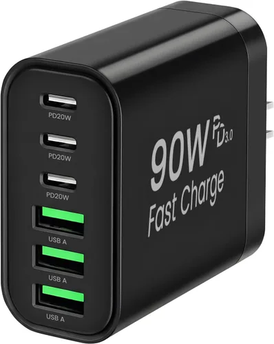 Vista 8 de Bloque de cargador USB C GaN de 90 W, cargador de pared USB C de 6 puertos de carga rápida, adaptador de corriente PD de 45 W para iPhone 17Pro Beige