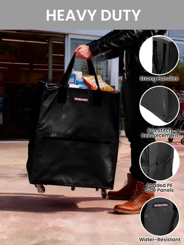 Vista 4 de WORKPRO Bolsa de comestibles mediana con ruedas, bolsa de compras de 18 galones con 4 ruedas