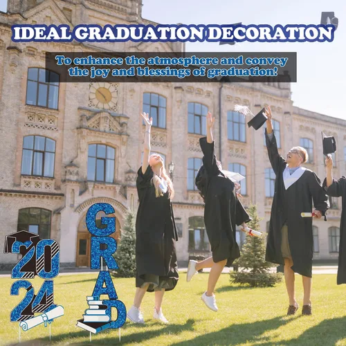 Vista 7 de URATOT 4 letreros azules de graduación 2024 con estacas brillantes de graduación para césped de graduación de clase de 2024, decoraciones de fiesta