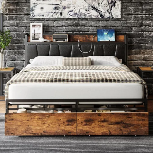 Vista 24 de LIKIMIO Marco de cama tamaño King con 2 cajones y estación de carga