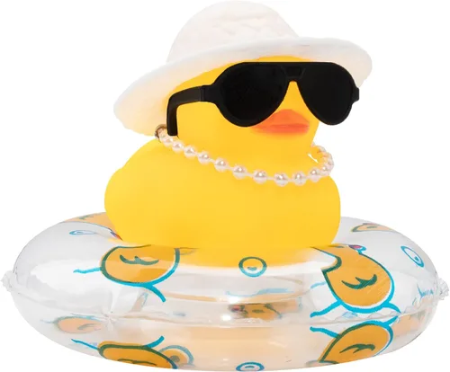 Vista 56 de wonuu Pato de goma para automóvil, decoración de pato amarillo con sombrero para el sol, anillo de natación, collar, gafas de sol para decoración