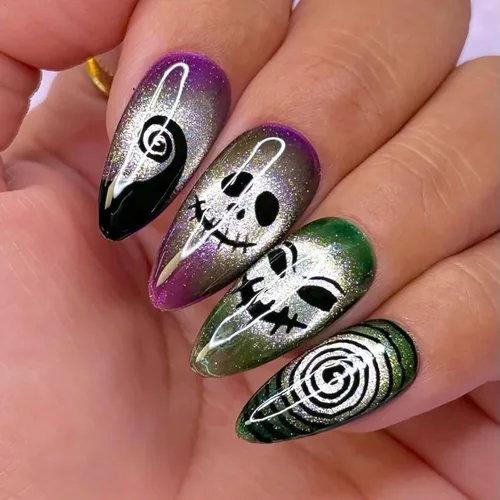 Vista 12 de Paquete de 6 144 uñas acrílicas de Halloween a presión, uñas postizas reutilizables de cobertura completa, uñas postizas adhesivas con pegamento