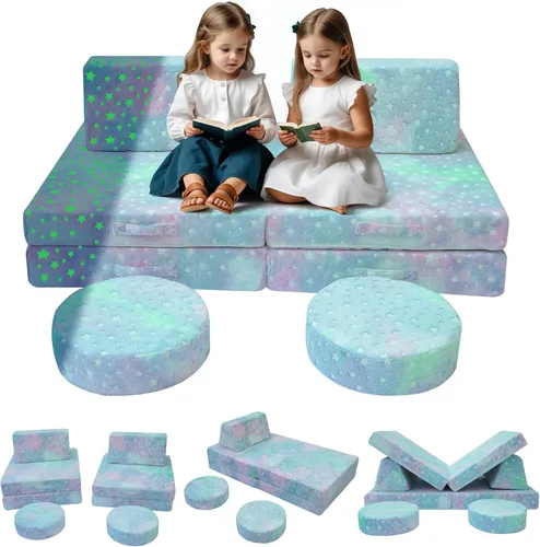Vista 11 de Sofá modular para niños MeMoreCool – Sofá de dinosaurio de 8 piezas que brilla en la oscuridad para niños pequeños convertible en fuerte constructor