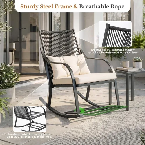 Vista 3 de COSIEST Juego de 3 sillas mecedoras para exteriores, muebles de patio de ratán para todo tipo de clima con 2 sillas, mesa de centro y cojines