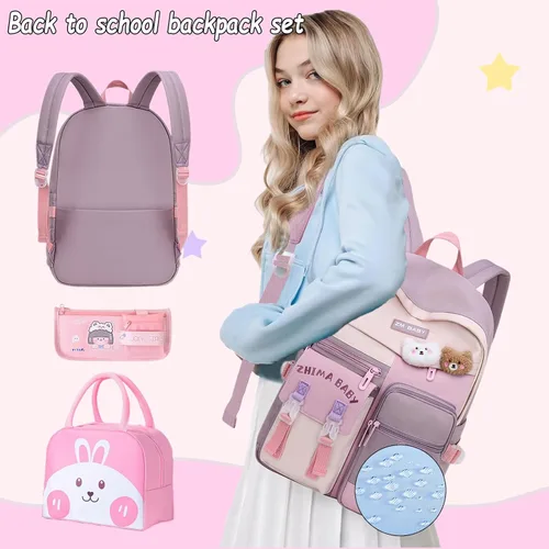 Vista 4 de ACEIOT Mochila para niñas, mochila Kawaii para niños con lonchera y estuche para lápices, mochilas escolares para niñas, Mochilas Escolares