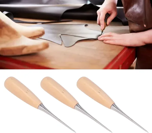 Vista 6 de Punzón de cuero para bricolaje, 3 piezas de punzón de cuero con mango de madera, juego de herramientas de perforación de cuero para reparar