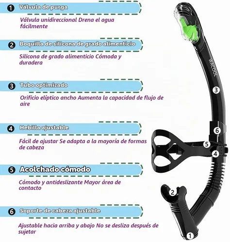 Vista 3 de WACOOL Training Headstrap Support Dry Top Snorkel Tube Comfortable Mouthpiece One-Way Purge Valve for Pool Open Water Scuba Lap Swimming Swimmer