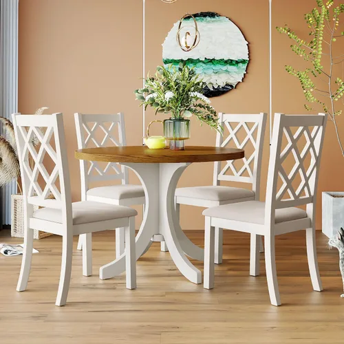 Vista 20 de Juego de mesa de comedor de madera de 5 piezas, mesa de comedor redonda extensible con 4 sillas de comedor, juego de mesa de cocina