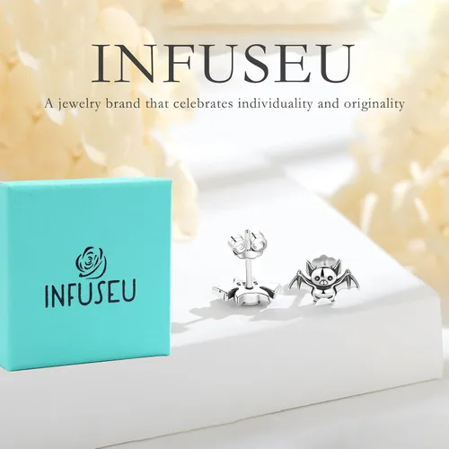 Vista 6 de INFUSEU Pendientes de tuerca de plata de ley con diseños de gato, rana, hongo y conejo, pequeños regalos para mujeres y adolescentes amantes