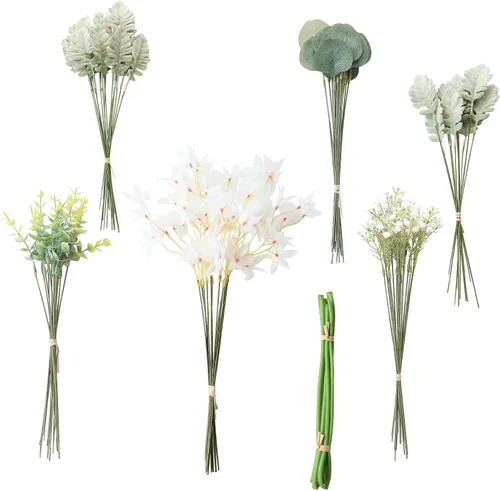 Vista 6 de Juego de tallos de follaje artificial, 59 piezas con 7 tipos de flores de follaje sintéticas para manualidades, ramos de novia, arreglos florales